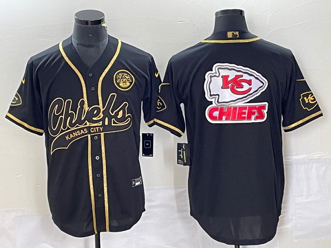 Men's Kansas City Chiefs Black Gold Team Big Logo With Patch Cool Base Stitched Baseball Jersey